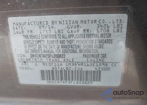 2015 Nissan Versa 1.6 Sv из США, поврежденный, VIN 3N1CN7AP3FL850822